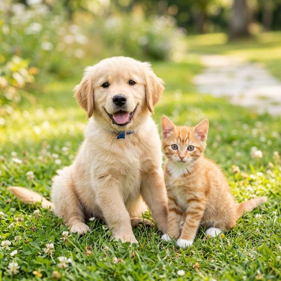 A golden retriever puppy and a ginger kitten sitting together in the grass