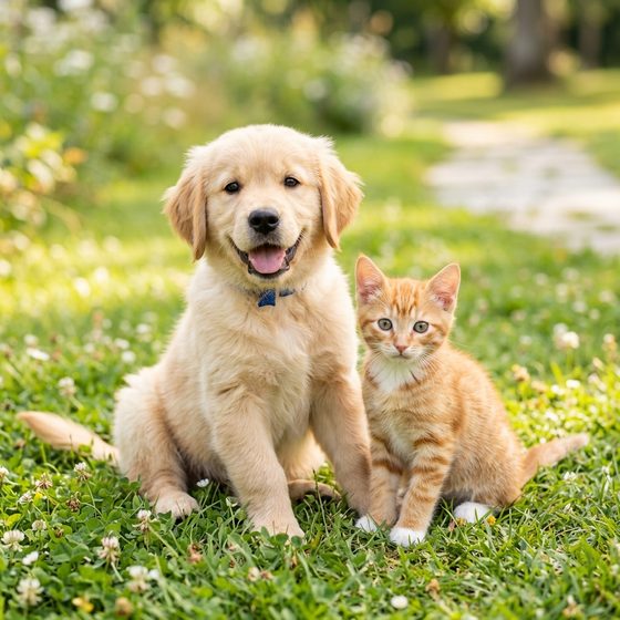 Happy dog and cat representing pet adoption and loving families